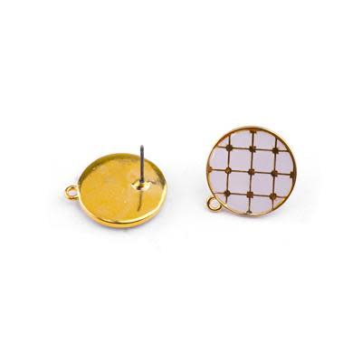 17mm White Tile Enamel Gold Plated Earring Post (1 Pair)