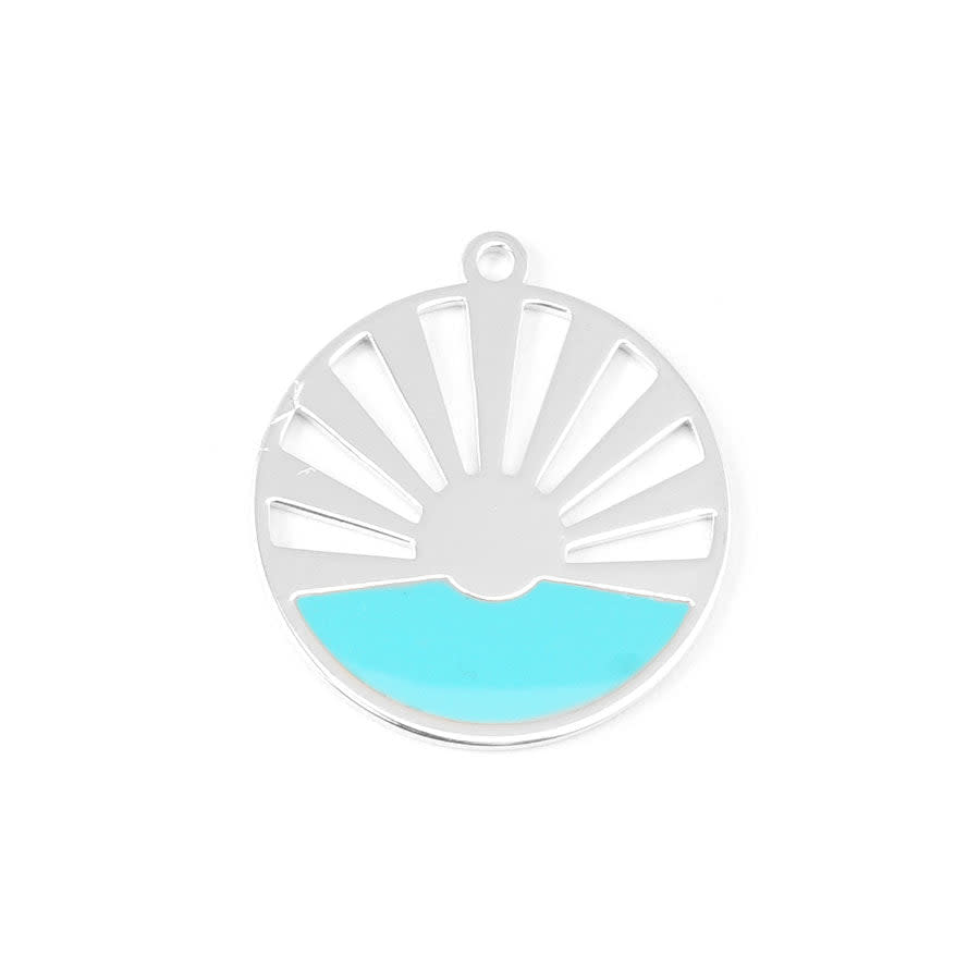 28mm Rhodium Plated Art Deco Sun Pendant with Turquoise Enamel