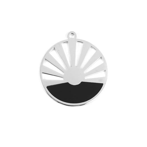 28mm Rhodium Plated Art Deco Sun Pendant with Black Enamel