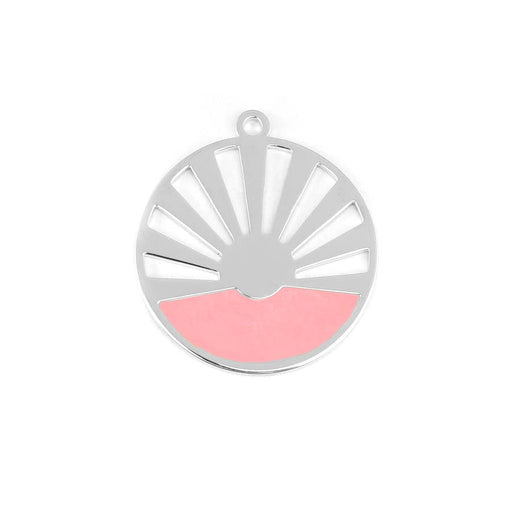 28mm Rhodium Plated Art Deco Sun Pendant with Coral Enamel