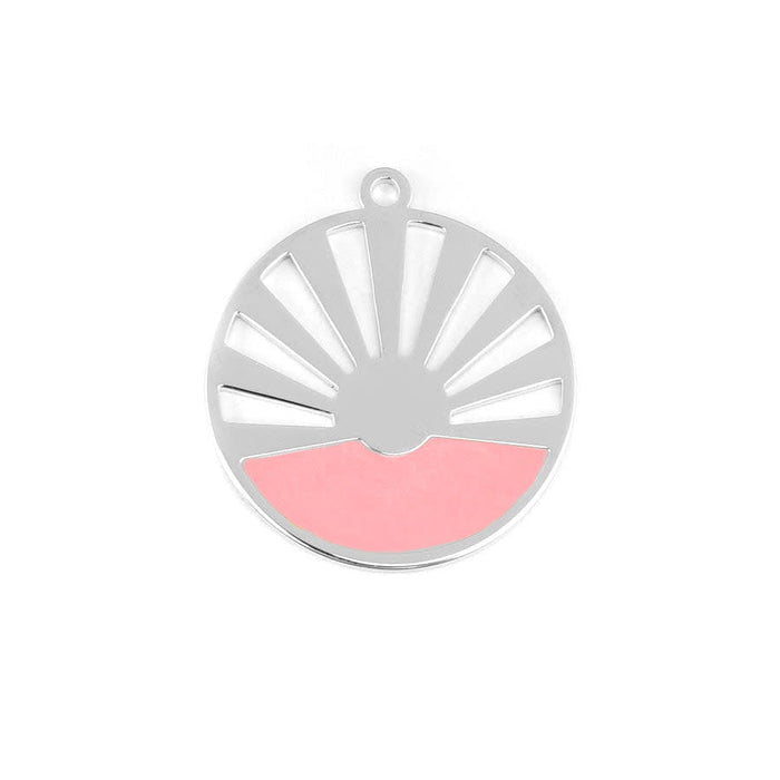 28mm Rhodium Plated Art Deco Sun Pendant with Coral Enamel
