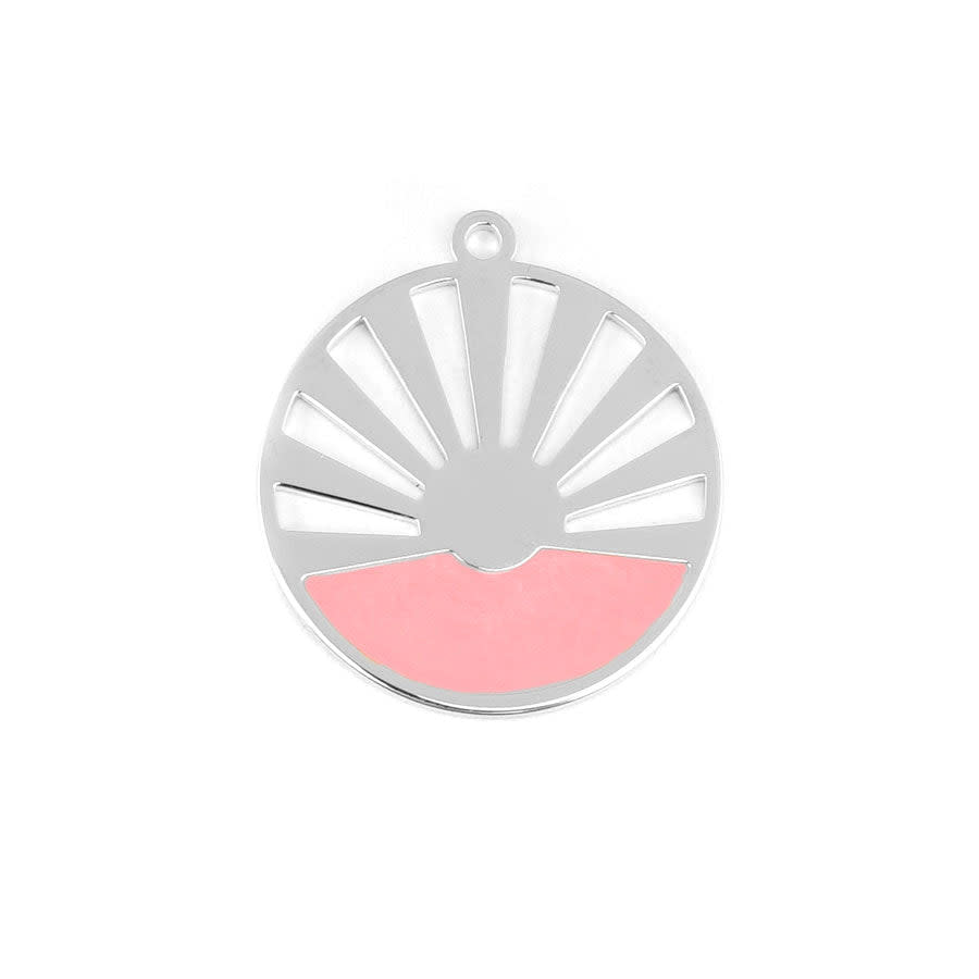 28mm Rhodium Plated Art Deco Sun Pendant with Coral Enamel