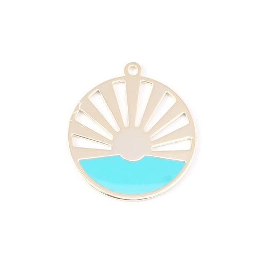 28mm Gold Plated Art Deco Sun Pendant with Turquoise Enamel