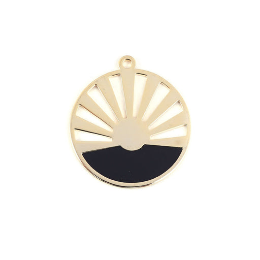 28mm Gold Plated Art Deco Sun Pendant with Black Enamel