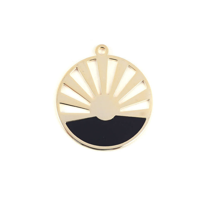 28mm Gold Plated Art Deco Sun Pendant with Black Enamel