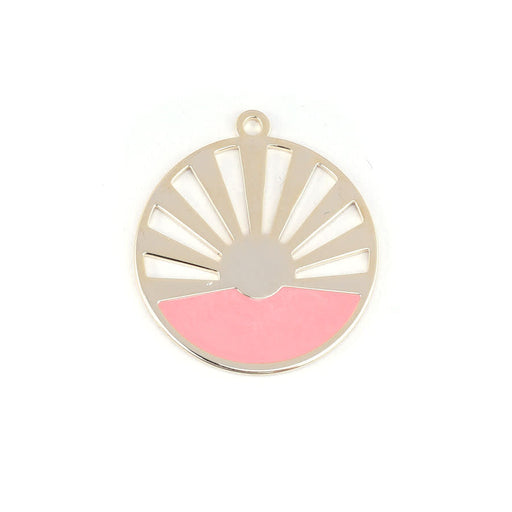 28mm Gold Plated Art Deco Sun Pendant with Coral Enamel