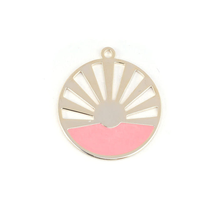28mm Gold Plated Art Deco Sun Pendant with Coral Enamel