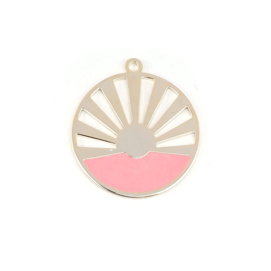 28mm Gold Plated Art Deco Sun Pendant with Coral Enamel