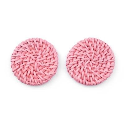 Coral Pink Handmade Woven Rattan Straw Disc Pendant/Connector (1 Pair)