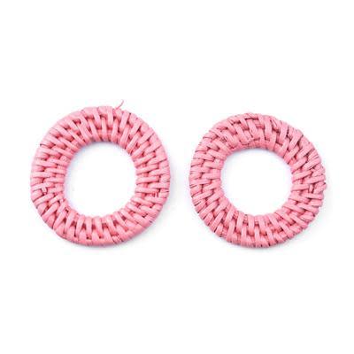 Coral Pink Handmade Woven Rattan Straw Ring Pendant/Connector (1 Pair)