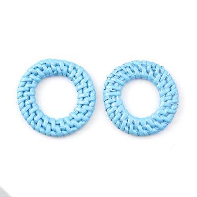 Turquoise Handmade Woven Rattan Straw Ring Pendant/Connector (1 Pair)