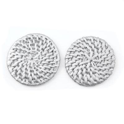 Silver Handmade Woven Rattan Straw Disc Pendant/Connector (1 Pair)