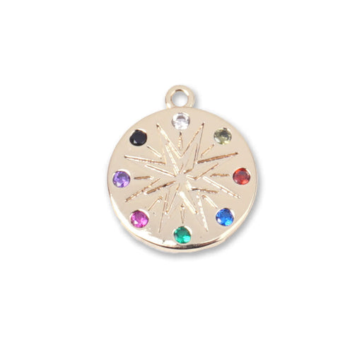 14mm Starburst with Multi Color Crystals Gold Plated Brass Charm/Pendant