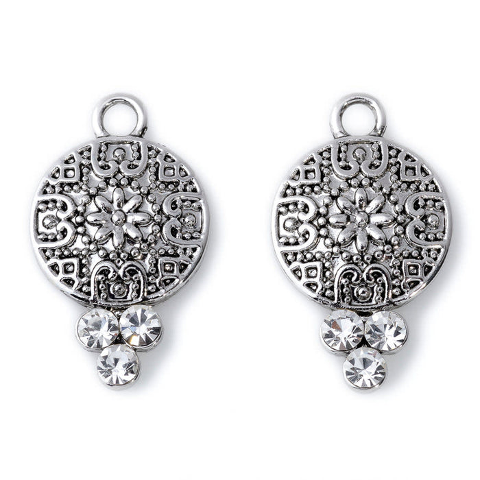 25x15mm Crystal Embellished Ornate Drop Charm/Pendant in Rhodium Plating from the Glam Collection (2 Pieces)