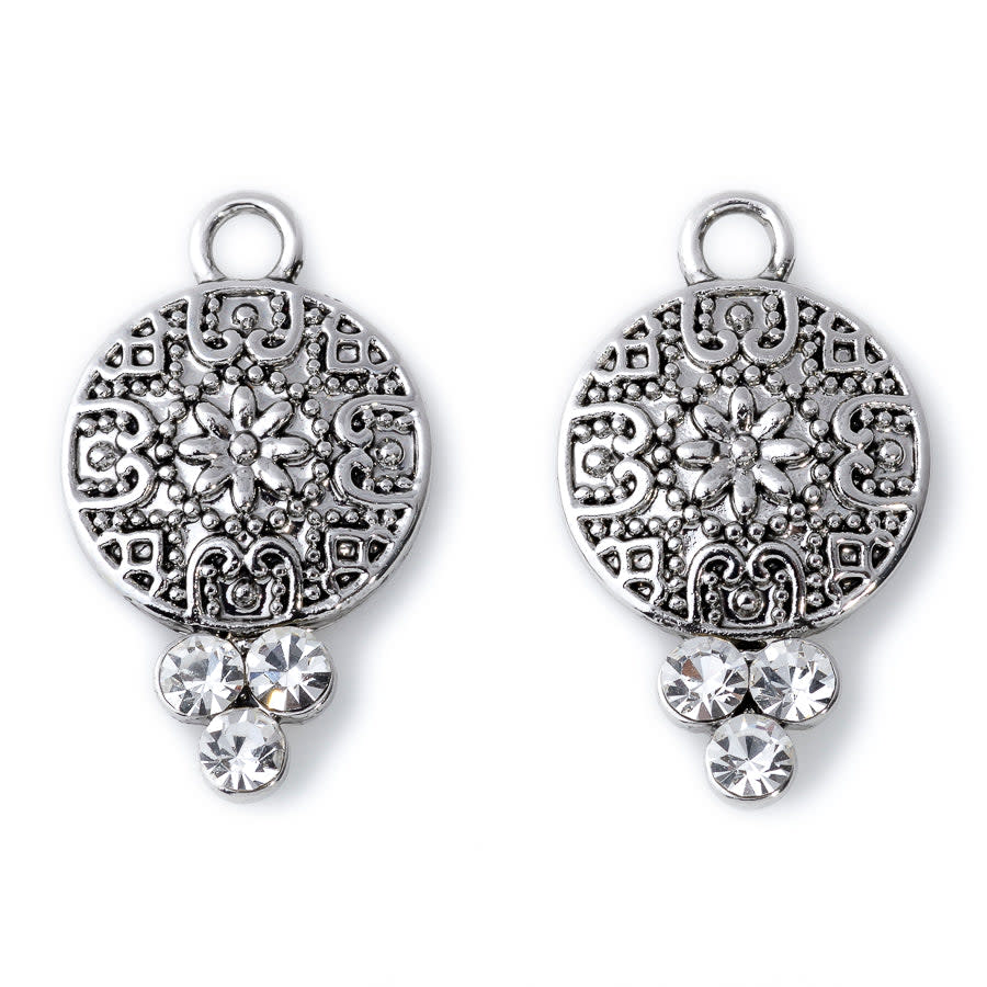 25x15mm Crystal Embellished Ornate Drop Charm/Pendant in Rhodium Plating from the Glam Collection (2 Pieces)