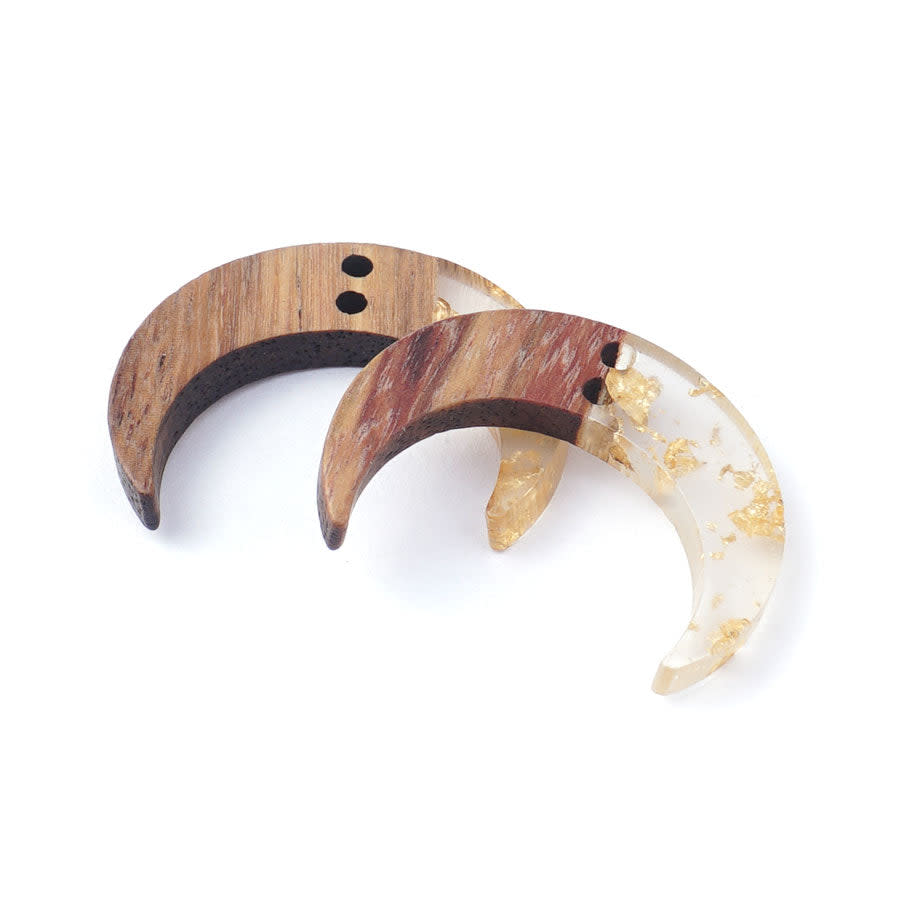22x28mm Wood & Clear with Gold Foil Resin Crescent Charm Connector (1 Pair)