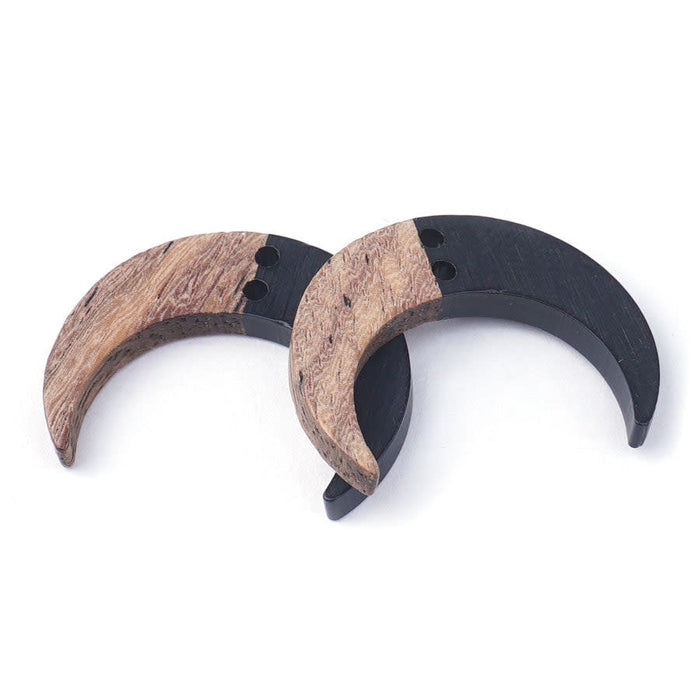 22x28mm Wood & Black Resin Crescent Charm Connector (1 Pair)