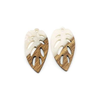 20x38mm Wood & Pearl Resin Elliptical Leaf Focal Piece Pendant (1 Pair)