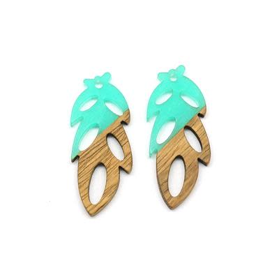 18x38mm Wood & Green Turquoise Resin Pinnate Leaf Focal Piece Pendant (1 Pair)