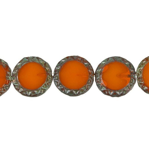 Czech Glass Beads, Coin Mayan Sun 16mm, Orange Opaline with Picasso Finish, by Raven's Journey (1 Strand)