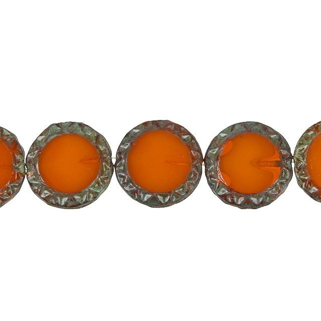 Czech Glass Beads, Coin Mayan Sun 16mm, Orange Opaline with Picasso Finish, by Raven's Journey (1 Strand)