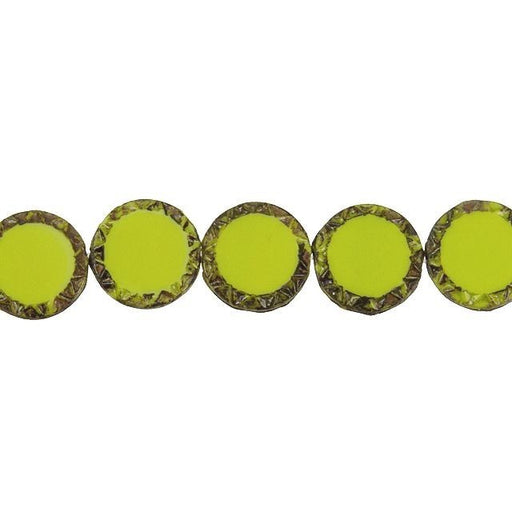 Czech Glass Beads, Coin Mayan Sun 12mm, Opaque Gaspeite Green Picasso Finish, by Raven's Journey (1 Strand)