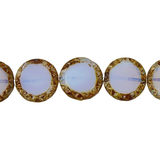 Czech Glass Beads, Coin Mayan Sun 16mm, Light Lavender Opaline Picasso Finish, by Raven's Journey (1 Strand)