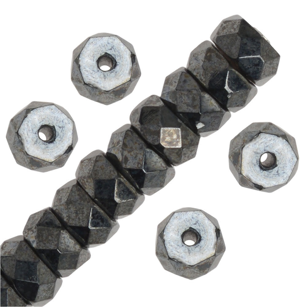 Czech Fire Polished Glass Beads, Rondelle 6x3mm, Hematite Full-Coat (50 Pieces)