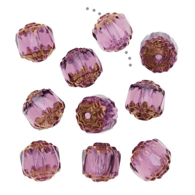 Czech Glass, Cathedral Beads 8mm, Amethyst with Antiqued Bronze Ends (1 Strand)