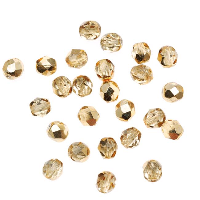 Czech Fire Polished Glass Beads 6mm Round 'Crystal Gold Half-Coat' (25 pcs)