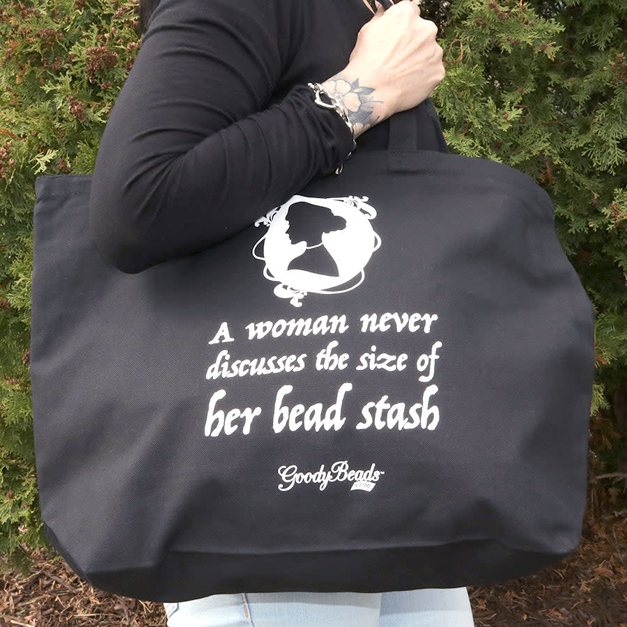 Black Fabric Tote Bag "A Woman never discusses the size of her bead stash" - GB Exclusive