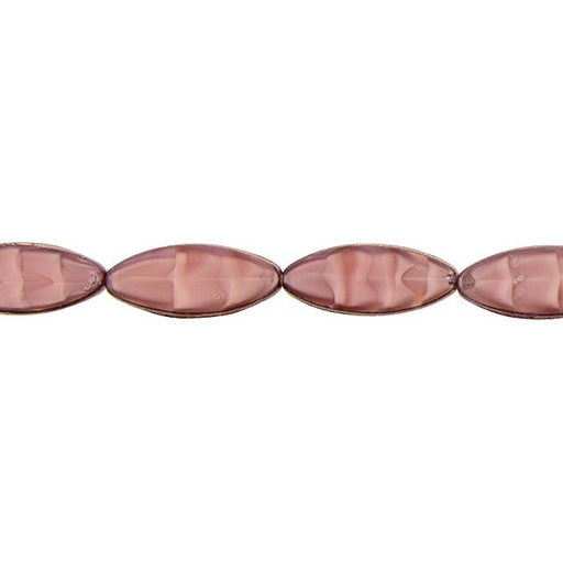 Czech Glass Beads, Pointed Oval 20x9mm, Pink Silk Stripe with Bronze, by Raven's Journey (1 Strand)