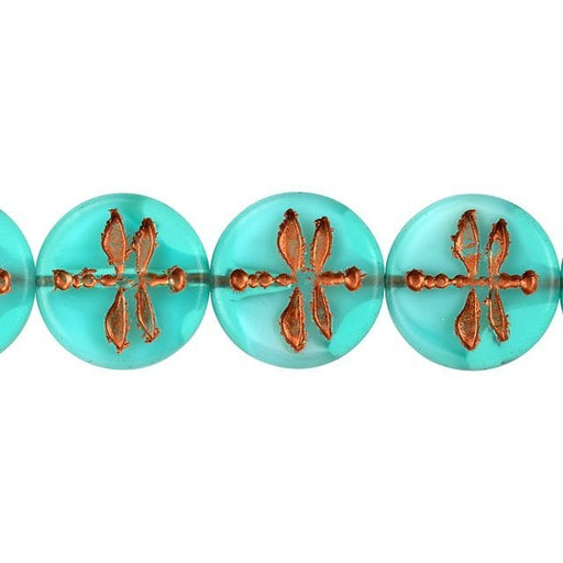 Czech Glass 18mm Aqua Matte with White Core and Copper Wash Dragonfly Coin Bead Strand by Raven's Journey