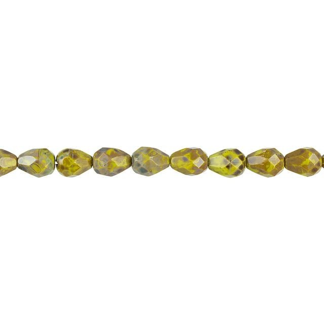 Czech Glass 9 x 7mm Faceted Drop Gaspeite with Picasso Bead Strand by Raven's Journey (1 Piece)