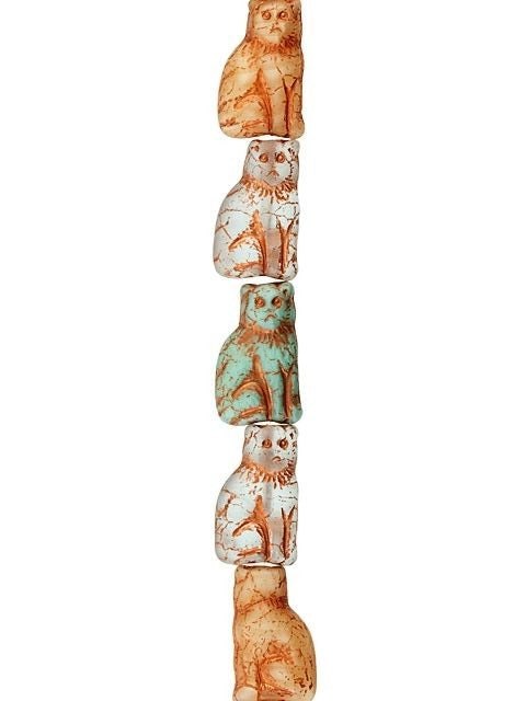 Czech Glass Beads, Sitting Cat 15x9mm, Mixed Turquoise, Beige, and Grey with Matte Copper Wash, by Raven's Journey (1 Strand)