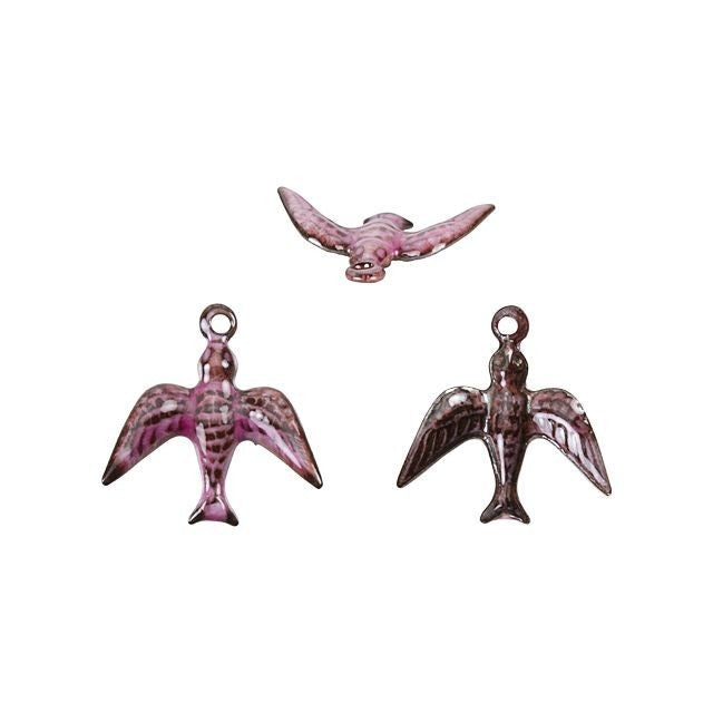 Charm, Small Swallow Bird 17mm, Enameled Brass Raspberry Pink, by Gardanne Beads (1 Piece)