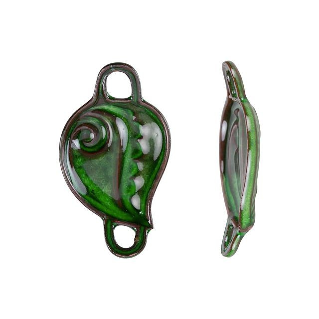 Link, Leaf with Swirl Pattern 33.5x19mm, Enameled Brass Emerald Green, by Gardanne Beads (1 Piece)