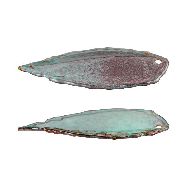 Link, Abstract Oval with Spots 41x23mm, Enameled Brass Teal Green with Stained Glass Design, by Gardanne Beads (1 Piece)