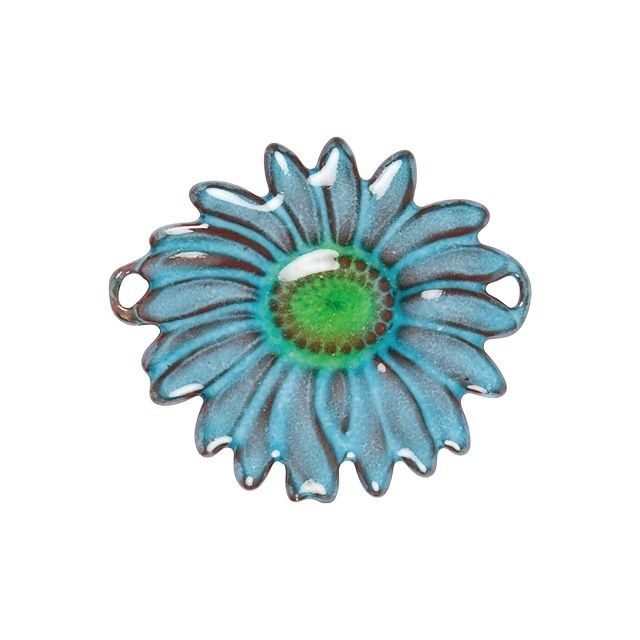 Connector Link, Daisy Flower 36x31mm, Enameled Brass Aqua Blue, By 