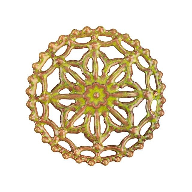 Link, Round Filigree Cogwheel 41mm, Enameled Brass Bitter Green, by Gardanne Beads (1 Piece)