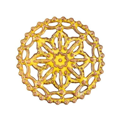 Link, Round Filigree Cogwheel 41mm, Enameled Brass Autumn Yellow, by Gardanne Beads (1 Piece)