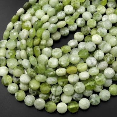 Natural Green Serpentine Jade Faceted Coin Bead Strand 6mm