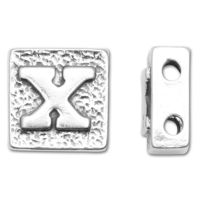 Alphabet Bead, Square with Two Holes Letter 'X', Sterling Silver (1 Piece)