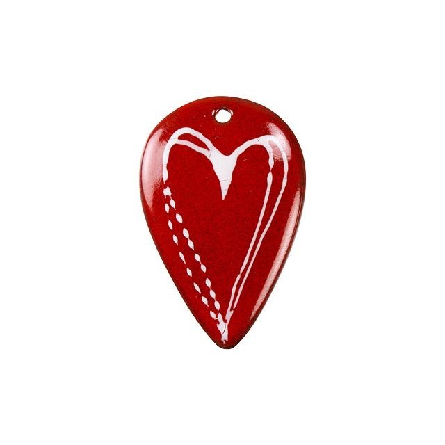 Pendant, Small Drop with Heart Design 30.5x20mm, Enameled Brass Red and White, by Gardanne Beads (1 Piece)