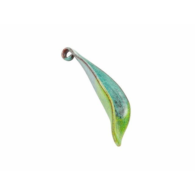 Charm, Leaf Pendant 31.5x12.5mm, Enameled Brass Lime Green Teal Green Blend, by Gardanne Beads (1 Piece)