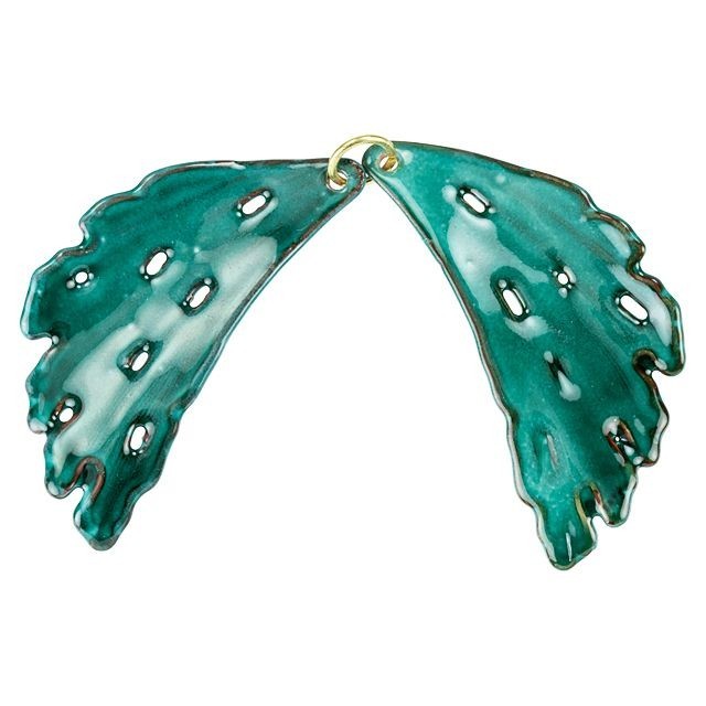 Pendant, Fan Coral 38x20mm, Enameled Brass Teal Green, by Gardanne Beads (1 Pair)