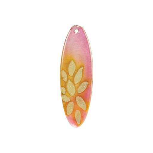 Pendant, Long Oval with Flower 45x14mm, Enameled Brass Raspberry Pink with Yellow, by Gardanne Beads (1 Piece)