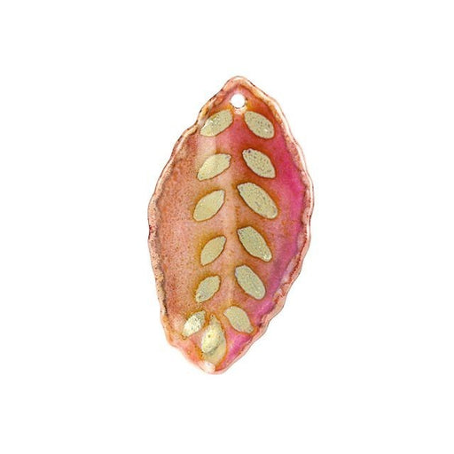 Pendant, Seed Pod Leaf 41x23mm, Enameled Brass Raspberry Pink, by Gardanne Beads (1 Piece)