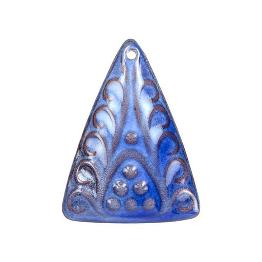 Pendant, Triangle with Fleur De Lis Pattern 36x27mm, Enameled Brass Heron Blue, by Gardanne Beads (1 Piece)