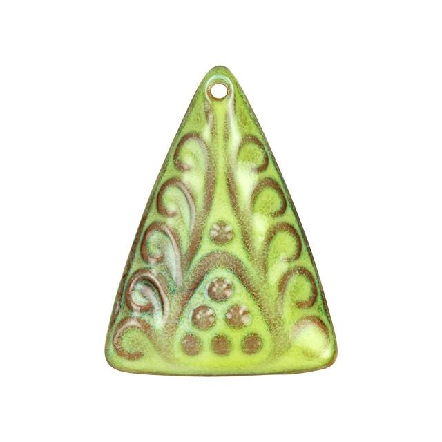 Pendant, Triangle with Fleur De Lis Pattern 36x27mm, Enameled Brass Lime Green, by Gardanne Beads (1 Piece)